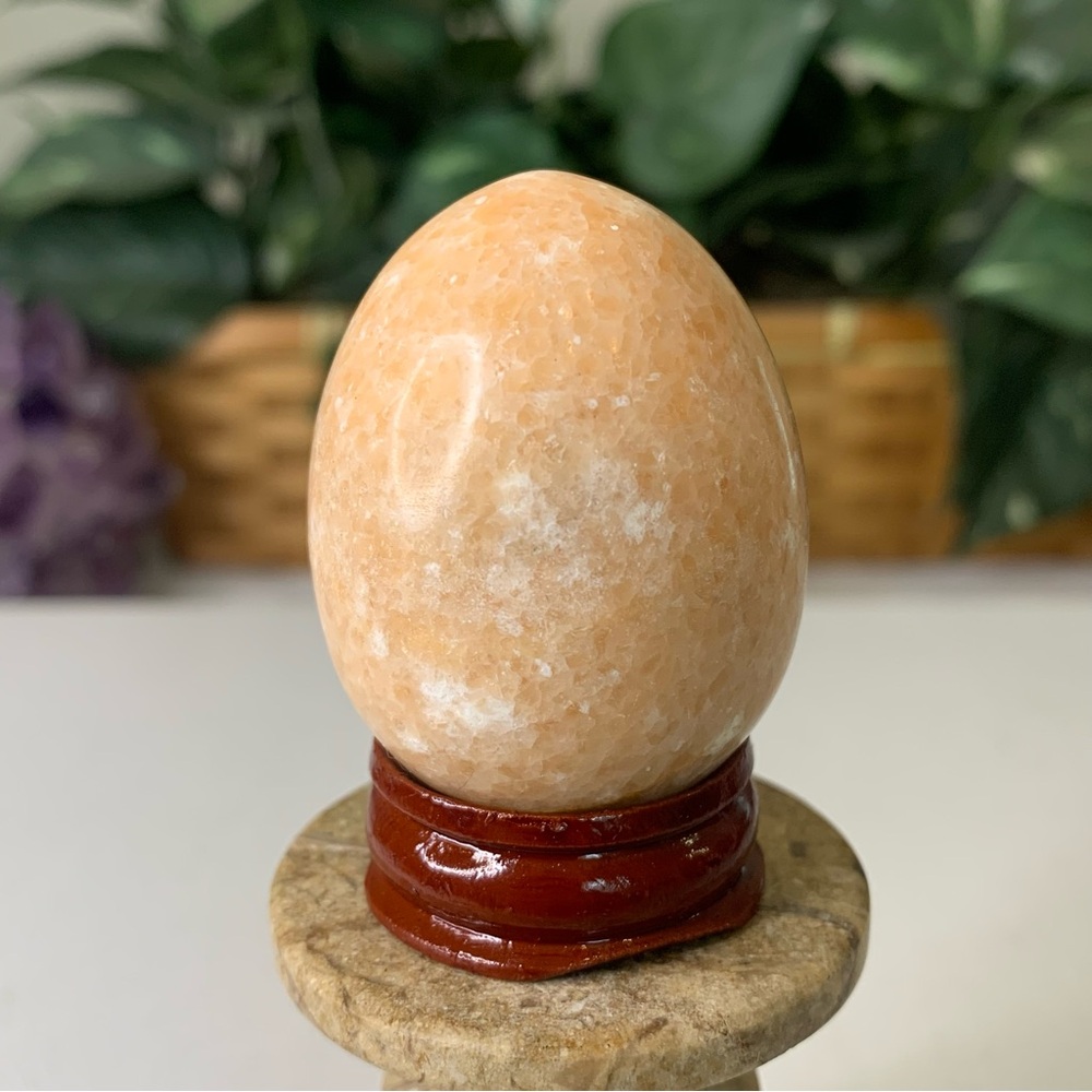 Natural Orange Calcite Egg Polished Crystal Meditation Stone with Wood Stand 2" - Picture 3 of 12